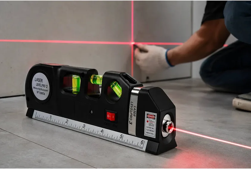 UltraMax Laser em uso projetando linha em cruz vermelha no piso